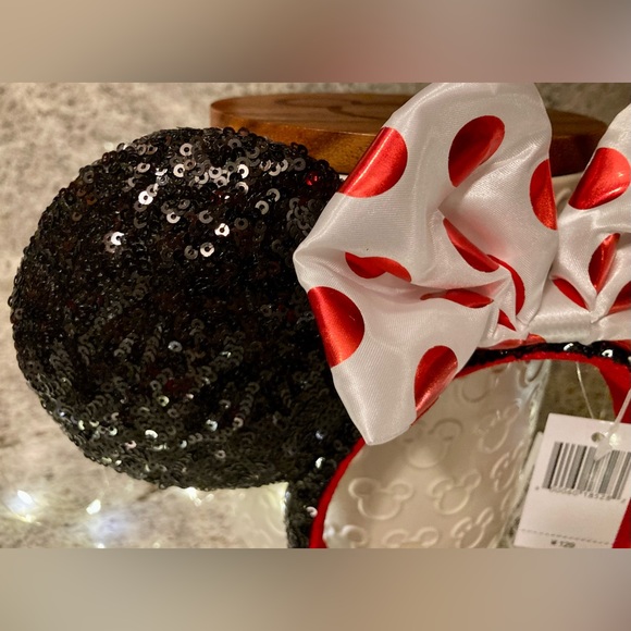 Disney Minnie Mouse Black Sequin Ears White Bow Red Metallic Polka Dots Headband - Picture 2 of 6
